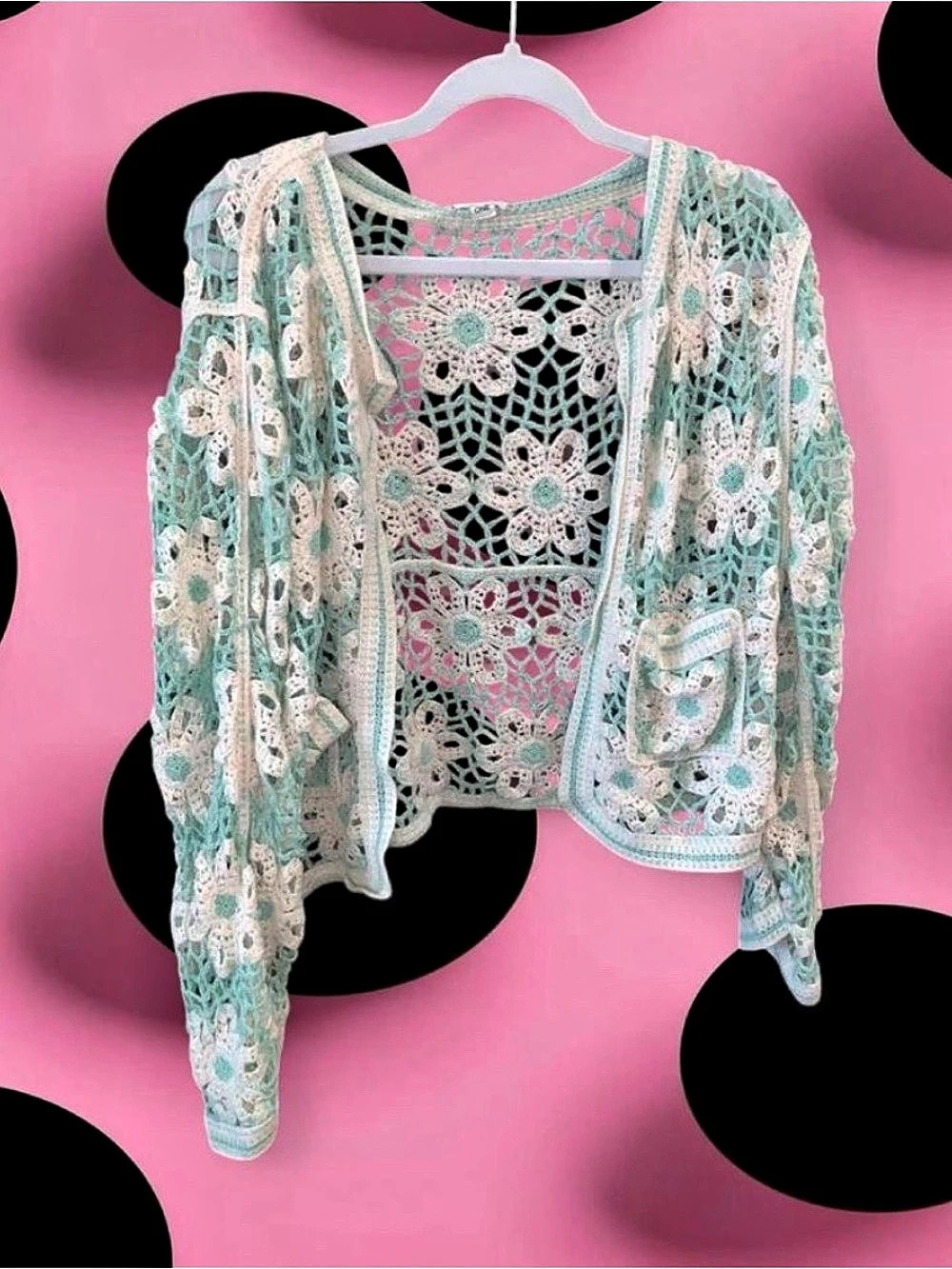 POL Clothing Mint Green Crochet Daisy Cardigan-Like New-“FlowerFieldCardigan”